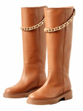 Alohas Pier Brown Size 6.5 EU 37 Tall Boots Leather Gold Chain Detail New